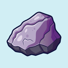 Cartoon illustration of a multifaceted purple rock on a light blue background