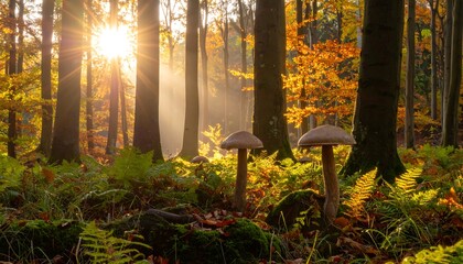 Autumn forest scene with mushrooms
