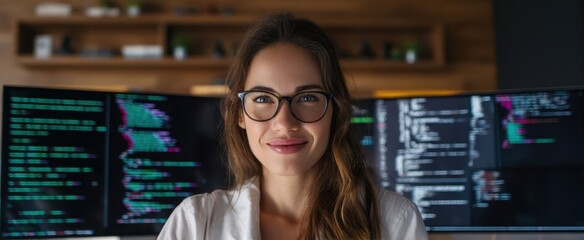 The confident woman programmer with multiple screens displaying code.