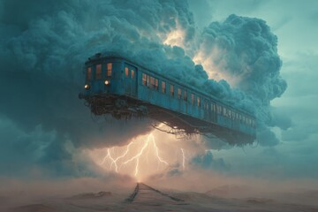 An old-fashioned train floats suspended in mid-air above desert tracks, blending nostalgia with surreal dreamlike physics.