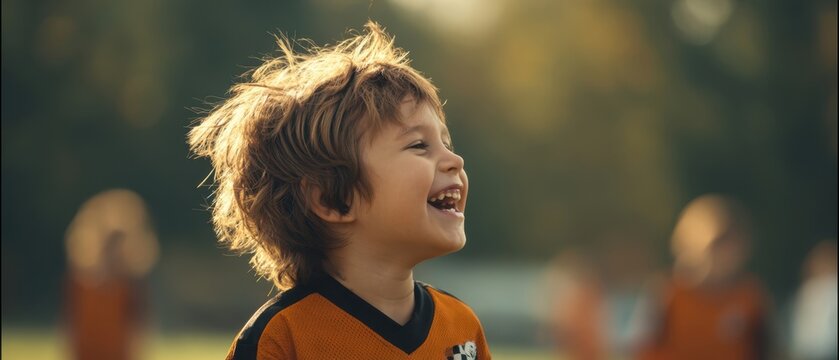 The joyful boy laughing during a fun soccer game in the park. - Powered by Adobe