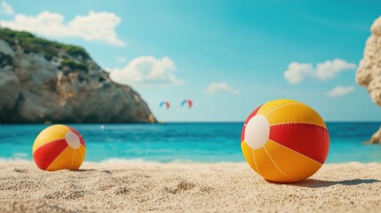 Vibrant beach scene with colorful kites soaring and playful beachballs dotting the sandy shore capturing the carefree spirit of a joyful summer vacation by the sea
