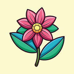 Stylized Pink Flower Illustration with Yellow Center and Green Blue Leaves