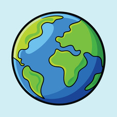 Cartoon Earth Globe with Blue Oceans and Green Continents on Light Blue Background
