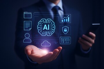 Businessman hand showing virtual artificial intelligence icons with glowing ai brain, cloud storage, data analysis and security interface