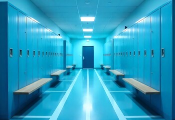 Generative AI A minimalist hallway in a school with lockers symmetrical perspective and a modern