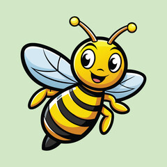 Cute cartoon bee flying with cheerful expression on a light green background