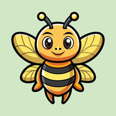 Cute cartoon bee with large eyes, striped body, and yellow wings