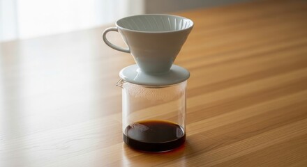 White ceramic pour over coffee dripper with handle over glass carafe filled with dark coffee on a wooden table