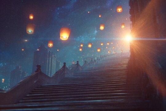 An endless staircase rises into outer space, with chinese lanterns