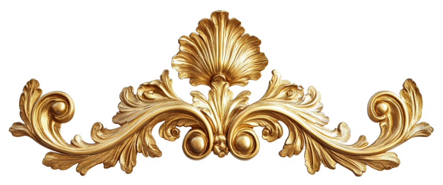 Baroque golden decorative ornament, isolated on transparent cutout background