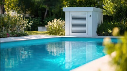 A modern outdoor pool equipment unit in white with blue accents, set against a blurred garden.