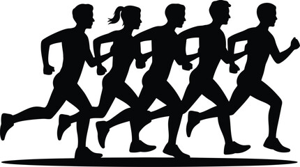 Diverse runners in motion black silhouette running athletes