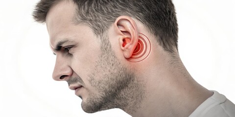 Obraz premium Man's ear with sound waves , ear anatomy on a white background