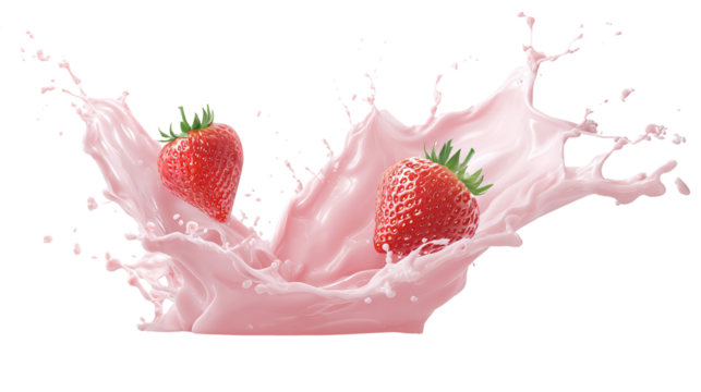 Strawberry falling into milk