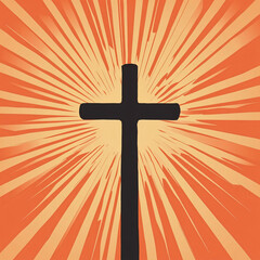 Bold silhouette of Christian cross with radiant sunburst background in vibrant orange and yellow tones
