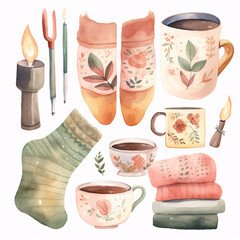 Cozy watercolor illustration set with warm socks, candles, tea mugs, and folded sweaters in soft autumn colors
