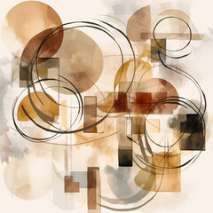 Abstract geometric watercolor composition with overlapping circles, squares, and curved lines in warm earthy tones
