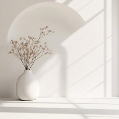 Minimalist interior with white ceramic vase and dried branches on white shelf in natural sunlight with arch wall niche
