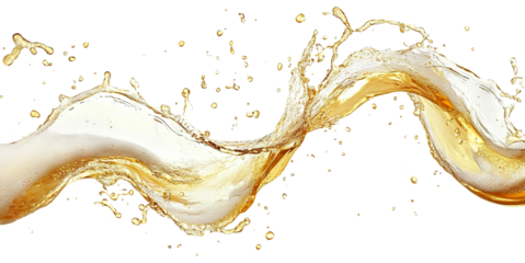 Splash of golden beer wave with foam, isolated on transparent cutout background