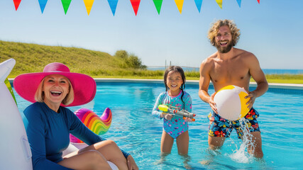 A cheerful family enjoying a sunny day in the pool, laughing with colorful inflatables, water gun, and beach ball, celebrating summer together.