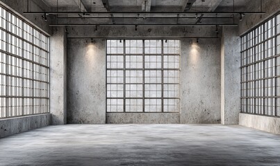 Fototapeta premium Geräumiger, sauberer Industrie-Innenraum mit großen Fenstern