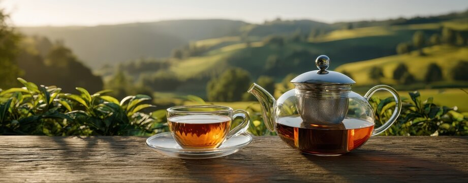 The Teapot and Cup Surrounded by Picturesque Nature and Warm Sunlight