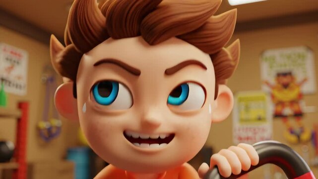 3D cartoon boy lifting red kettlebell indoors, active and healthy lifestyle representation
