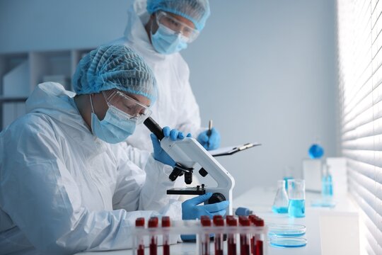 Medical analysis. Two scientists working with sample in laboratory - Powered by Adobe