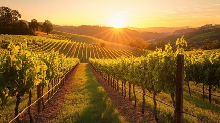 Fototapeta premium Vineyards stretching out under a golden sunset.