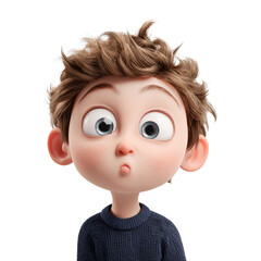Cartoon boy with curious expression and pursed mouth, isolated on transparent background