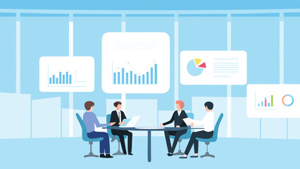 Four business people sitting around a table with charts and graphs in a light blue office setting shown