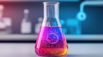 Closeup of a scientist or chemist mixing different colored liquids and chemicals together in a glass laboratory flask with the focus on the action and movement of the experiment