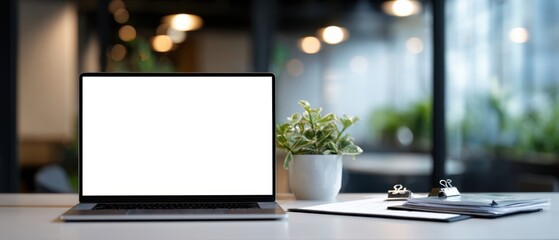 The sleek laptop on a contemporary office desk with greenery and stationery.