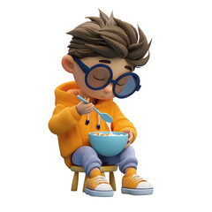Cute cartoon boy with glasses eating cereal from a blue bowl with a spoon, isolated on transparent background