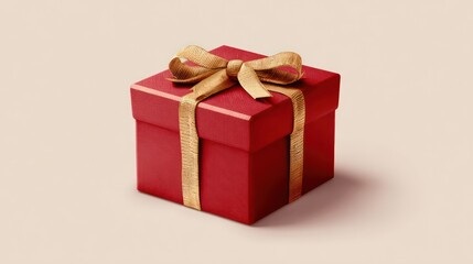 Obraz premium An elegant red gift box tied with a golden ribbon is placed against a simple, bright background with a large area of white space.