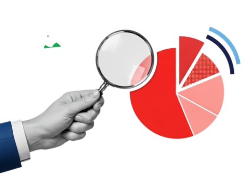 Illustration of hand holding a magnifying glass over a pie chart, isolated on transparent background