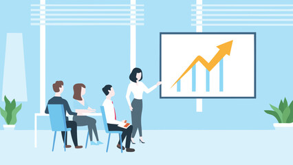 Fototapeta premium Business presentation with a woman presenting a chart to colleagues in a bright office setting