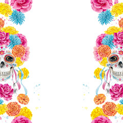 Painted skull with flower wreath and satin ribbons hand drawn watercolor illustration isolated on white. Colorful art template with marigolds, rose and dahlias for carnival, day of the dead design