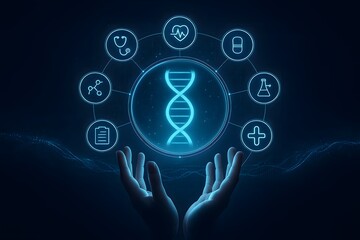 Hands Holding Digital DNA Symbol with Medical and Science Icons in Futuristic Blue Background