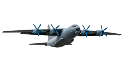 Massive grey military turboprop aircraft resembling An-12, with four engines and blue-tipped propellers showing motion blur, in stable mid-flight against transparent background with shadowless studio
