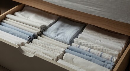 Neatly folded white and blue striped linens and textured fabrics in a wooden drawer folded linens drawer organization