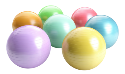 Set of colorful fitness balls for exercise, isolated on transparent cutout background