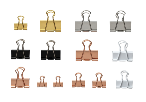 Precisely manufactured metal binder and bull clips in gold, black, silver, rose gold, white, various sizes, neatly arranged on a transparent isolated background, top-down, even lighting. Concept of - Powered by Adobe