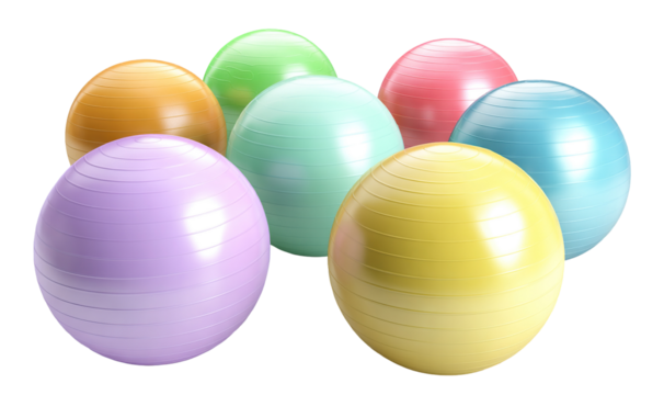 Set of colorful fitness balls for exercise, isolated on transparent cutout background