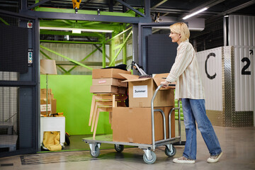 Caucasian woman pushing cart loaded with cardboard boxes and stacked chairs into storage unit,...