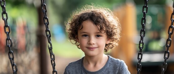 The smiling child enjoying a sunny day on the playground swing.