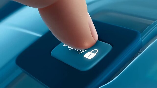DevSecOps Integration Close-up of Finger Pressing Deploy Button with Secure Lock Icon, Slow Zoom-In Motion Symbolizing Secure Deployment