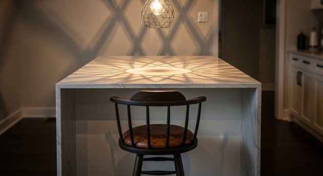 Kitchen island with geometric light pattern and wooden stool chair bar stool