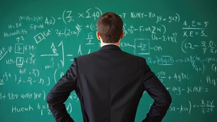 Rear view of a person in a suit stands with hands on hips, facing a green chalkboard filled with complex mathematical equations and formulas. Problem solving and deep contemplation process - Powered by Adobe